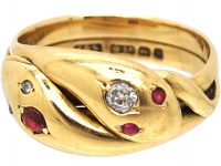 Victorian 18ct Gold Double Snake Ring set with Rubies & Diamonds