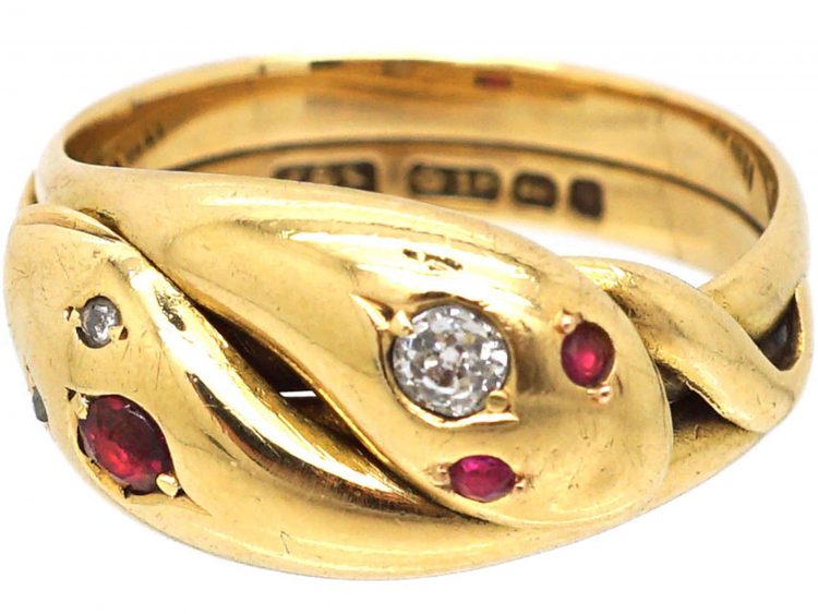 Victorian 18ct Gold Double Snake Ring set with Rubies & Diamonds