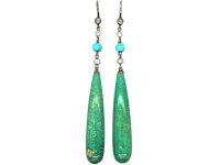Art Deco Rose Diamond, Turquoise, Natural Pearl & Amazonite Drop Earrings by Liberty in Original Case