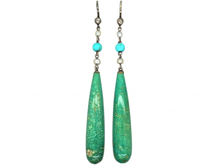 Art Deco Rose Diamond, Turquoise, Natural Pearl & Amazonite Drop Earrings by Liberty in Original Case