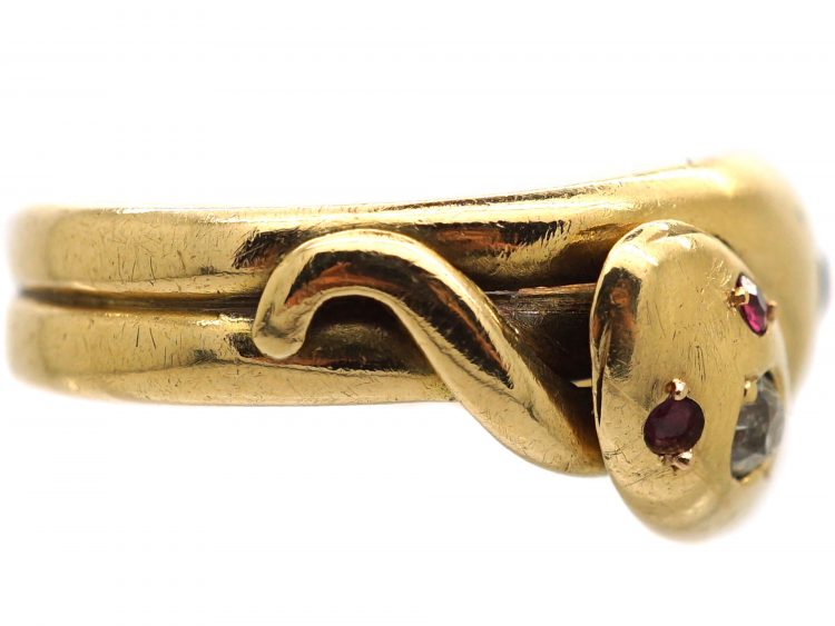 Victorian 18ct Gold Double Snake Ring set with Rubies & Diamonds