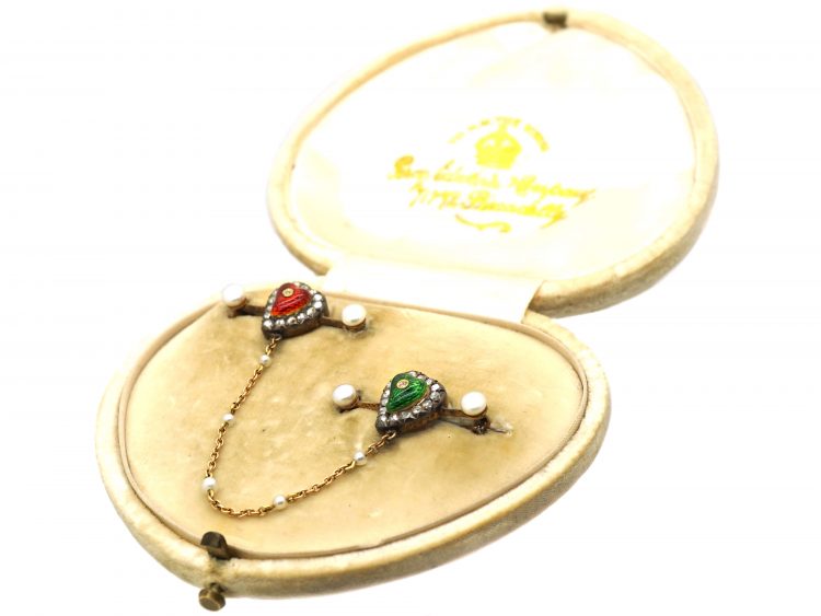Edwardian Suffragette Pair of 15ct Gold, Rose Diamond, Enamel & Bouton Pearl Heart Shaped Brooches in Original Case