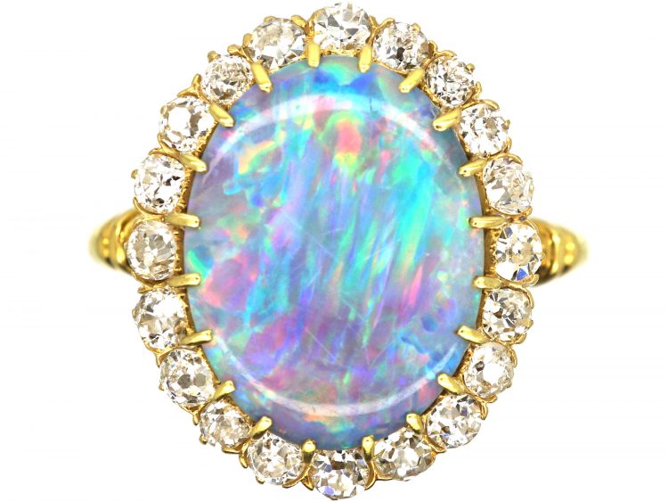 Edwardian 18ct Gold, Precious Black Opal & Diamond Cluster Ring