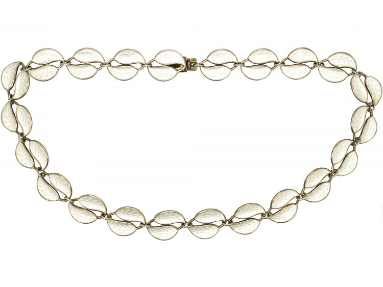 Mid 20th Century Silver & White Enamel Double Leaf Necklace by Willy Winnaes for David Andersen