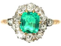 Edwardian 14ct Gold & Platinum, Emerald & Diamond Cluster Ring with Diamond Set Shoulders