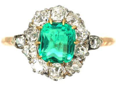 Edwardian 14ct Gold & Platinum, Emerald & Diamond Cluster Ring with Diamond Set Shoulders
