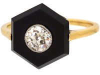 Art Deco 18ct Gold, Onyx & Diamond Hexagonal Ring
