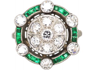 Art Deco Platinum, Emerald & Diamond Cluster Target Ring