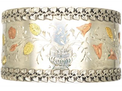Victorian Silver & Gold Overlay Bangle with a Vase of Flowers Motif