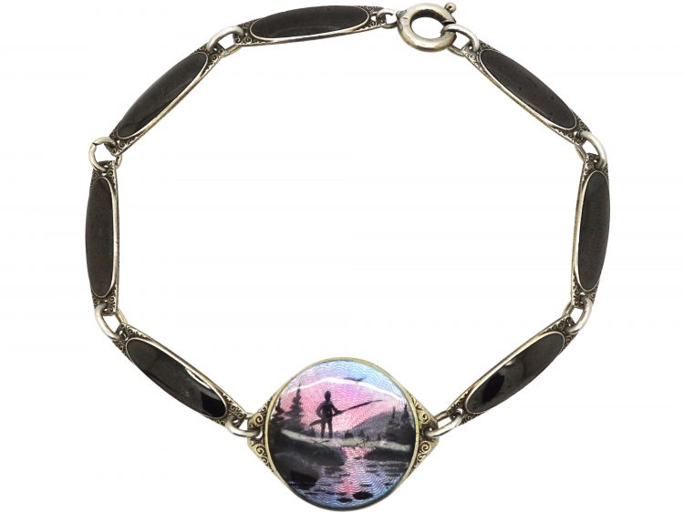 Norwegian Silver & Enamel Bracelet with Fisherman in Northern Landscape