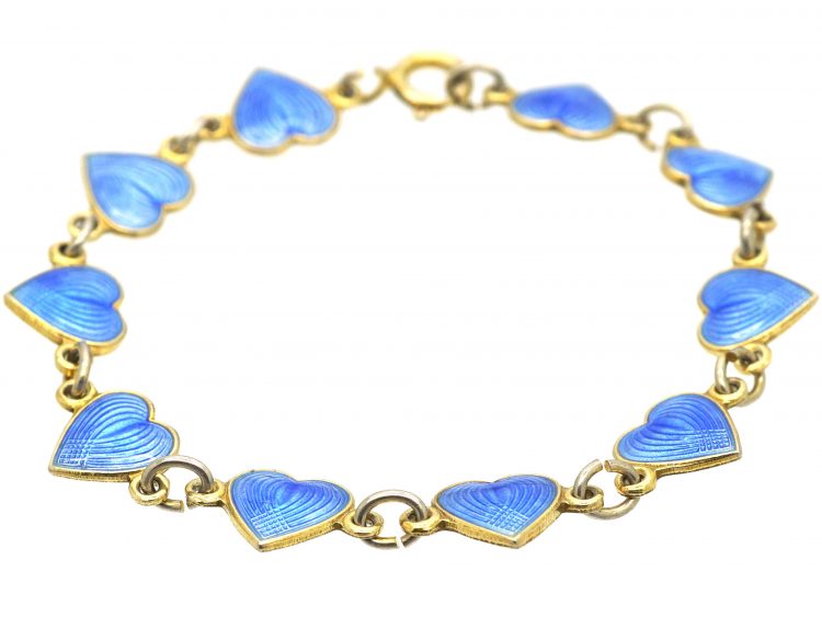 Mid 20th Century Norwegian Silver & Blue Enamel Hearts Bracelet