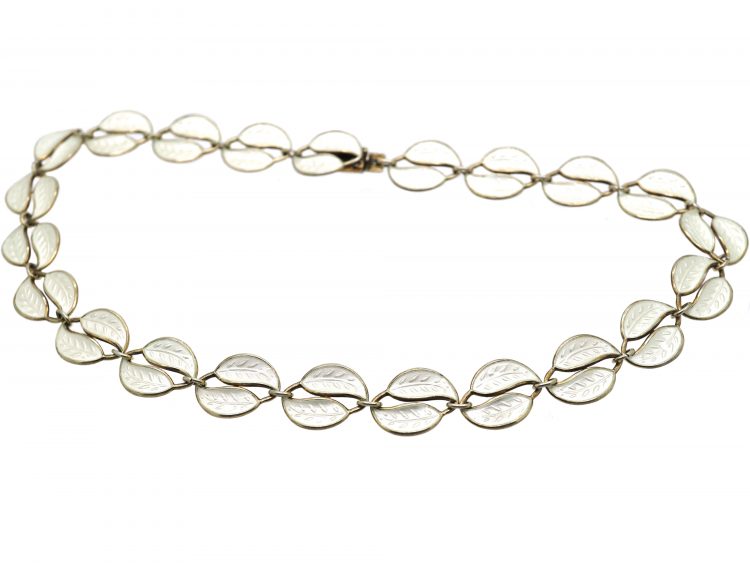 Mid 20th Century Silver & White Enamel Double Leaf Necklace by Willy Winnaes for David Andersen