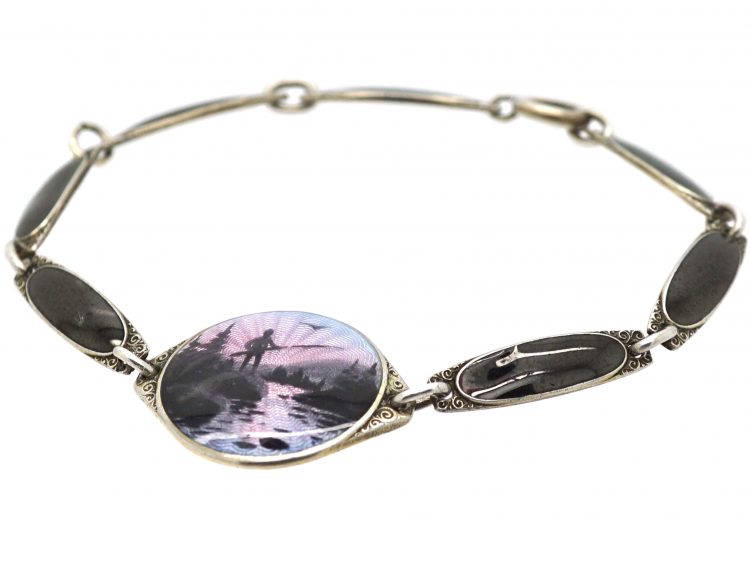Norwegian Silver & Enamel Bracelet with Fisherman in Northern Landscape