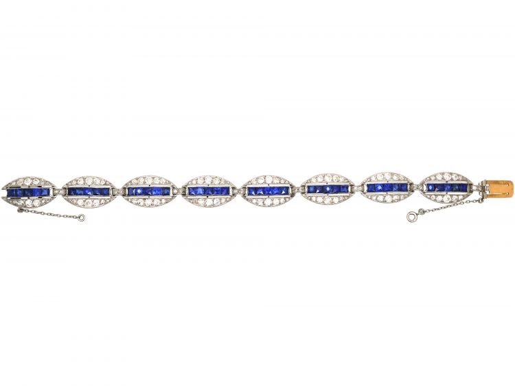 French Art Deco 18ct White Gold & Platinum, Diamond & Unheated Sapphire Elliptical Design Bracelet by Edouard Caen