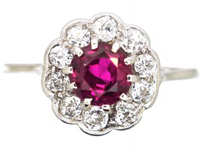 Edwardian Platinum, Ruby & Diamond Cluster Ring
