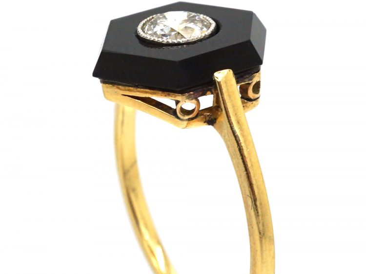 Art Deco 18ct Gold, Onyx & Diamond Hexagonal Ring