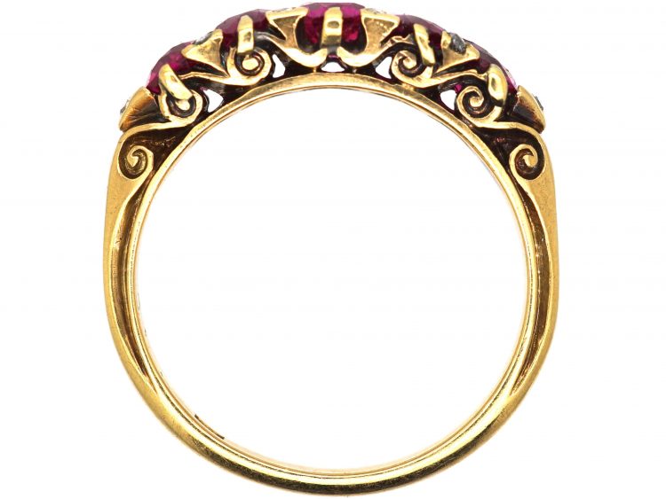 Victorian 18ct Gold, Five Stone Ruby Ring with Diamond Points