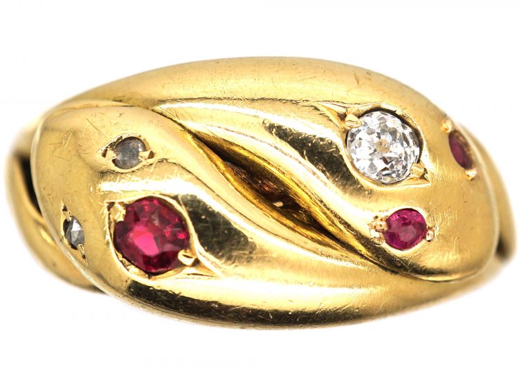 Victorian 18ct Gold Double Snake Ring set with Rubies & Diamonds