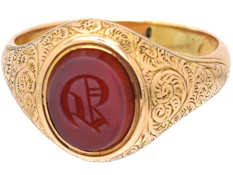 Victorian 15ct Gold & Carnelian Signet Ring with Initial D