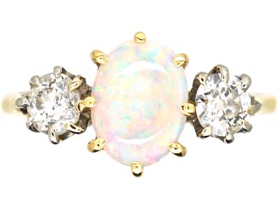 Early 20th Century 18ct Gold & Platinum, Three Stone Opal & Diamond Ring