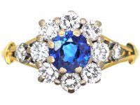 18ct Gold Sapphire & Diamond Cluster Ring with a Diamond on Each Shoulder by Cropp & Farr
