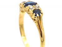 Edwardian 18ct Gold, Three Stone Sapphire & Diamond Carved Half Hoop Ring