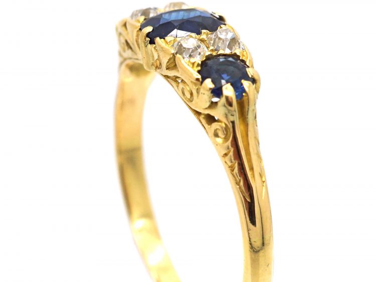Edwardian 18ct Gold, Three Stone Sapphire & Diamond Carved Half Hoop Ring