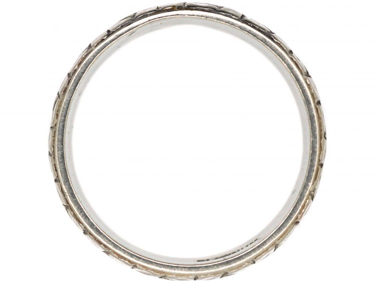 Art Deco Wide Platinum Wedding Ring with Flower Detail
