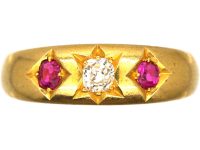 Victorian 18ct Gold Ruby & Diamond Three Stone Gypsy Ring