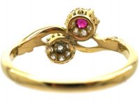 Edwardian 18ct Gold Ruby & Diamond Double Daisy Cluster Ring