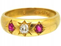Victorian 18ct Gold Ruby & Diamond Three Stone Gypsy Ring