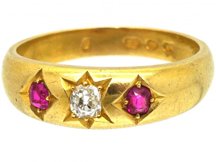 Victorian 18ct Gold Ruby & Diamond Three Stone Gypsy Ring