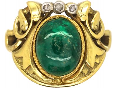 Art Deco 18ct Gold Egyptian Revival Ring set with a Cabochon Emerald & Rose Cut Diamonds