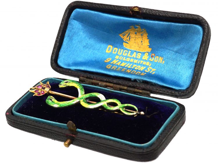 Edwardian 15ct Gold & Enamel Caduceus Brooch in Original Case