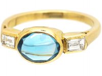 18ct Gold, Cabochon Aquamarine & Baguette Diamond Ring