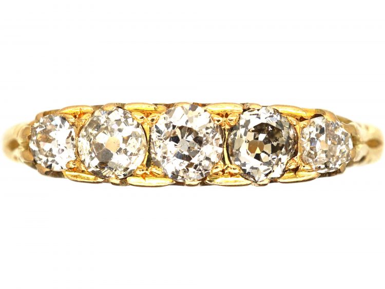 Edwardian 18ct Gold, Five Stone Diamond Carved Half Hoop Ring