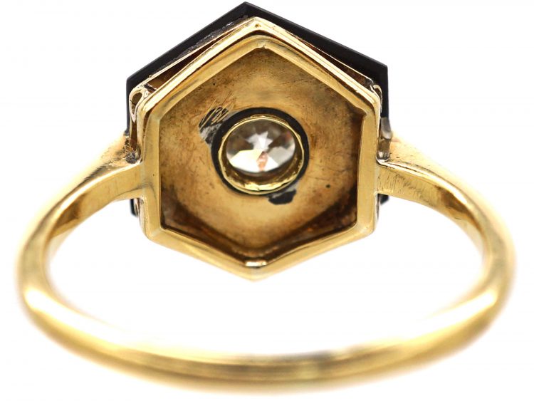 Art Deco 18ct Gold, Onyx & Diamond Hexagonal Ring