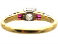 Art Deco 18ct Gold & Platinum, Diamond Solitaire Ring with a Square Cut Ruby on Either Side