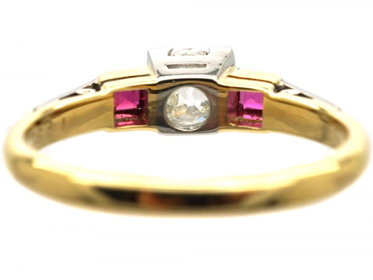 Art Deco 18ct Gold & Platinum, Diamond Solitaire Ring with a Square Cut Ruby on Either Side