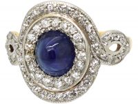 Art Deco 18ct Gold & Platinum, Cabochon Sapphire & Diamond Cluster Ring by Bailey Banks & Biddle
