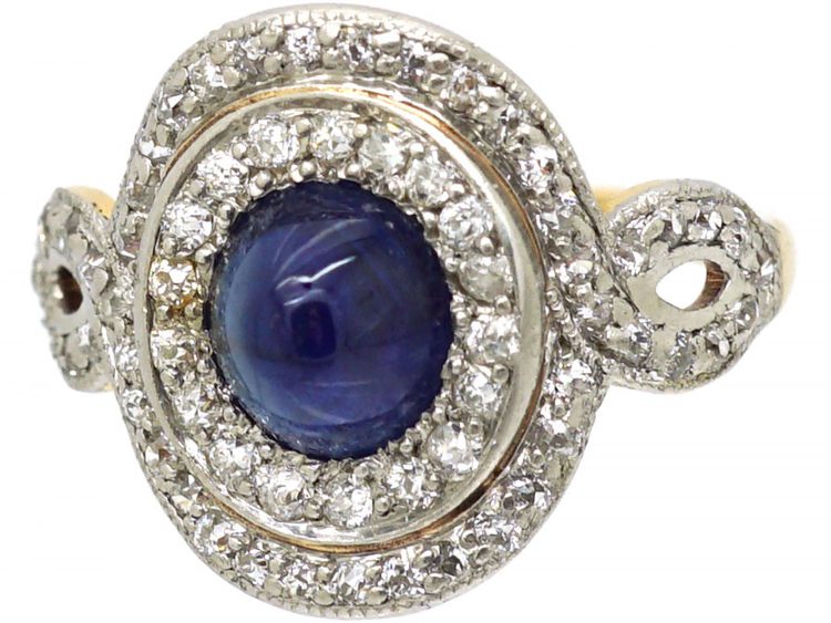 Art Deco 18ct Gold & Platinum, Cabochon Sapphire & Diamond Cluster Ring by Bailey Banks & Biddle