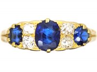 Edwardian 18ct Gold, Three Stone Sapphire & Diamond Carved Half Hoop Ring