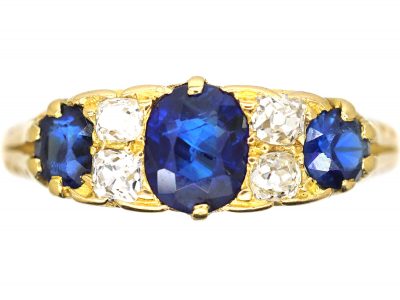 Edwardian 18ct Gold, Three Stone Sapphire & Diamond Carved Half Hoop Ring