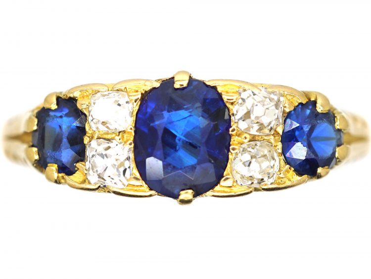 Edwardian 18ct Gold, Three Stone Sapphire & Diamond Carved Half Hoop Ring