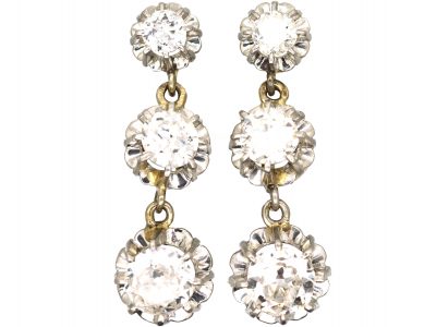 Art Deco 18ct White Gold Three Stone Diamond Drop Earrings