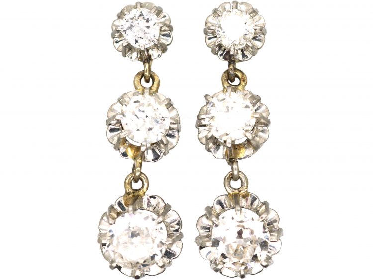 Art Deco 18ct White Gold Three Stone Diamond Drop Earrings
