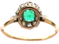 Edwardian 14ct Gold & Platinum, Emerald & Diamond Cluster Ring with Diamond Set Shoulders