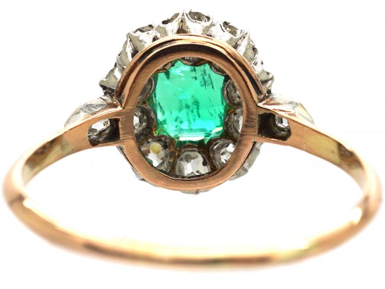 Edwardian 14ct Gold & Platinum, Emerald & Diamond Cluster Ring with Diamond Set Shoulders