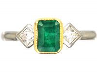 18ct White Gold, Rectangular Emerald & Diamond Three Stone Ring