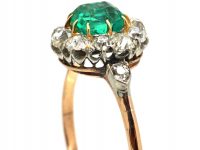 Edwardian 14ct Gold & Platinum, Emerald & Diamond Cluster Ring with Diamond Set Shoulders
